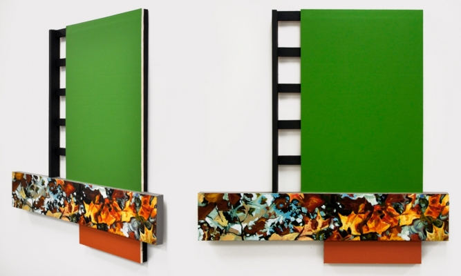 "Green & Leaves", Oil, acrylic, wood, drywall, 42x41.5, 2016
